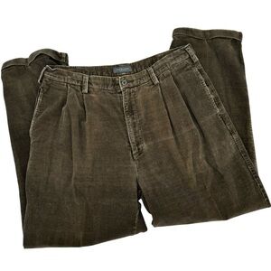 Mens Corduroy Pants Dark Brown Cord Grandpa Trousers Pleated Cuffed Cotton | 35"